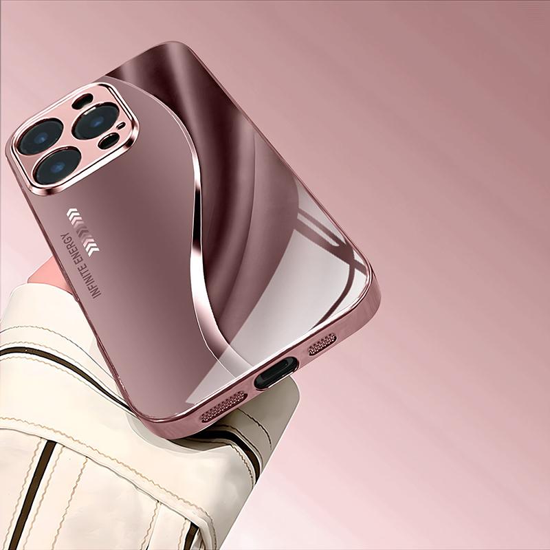 Luxury Pink Lines Pattern Metallic Tempered Glass Phone Case For iPhone 11 12 13 14 15 16 17 Pro Max 15 14 Plus 17 Air 16E Cover