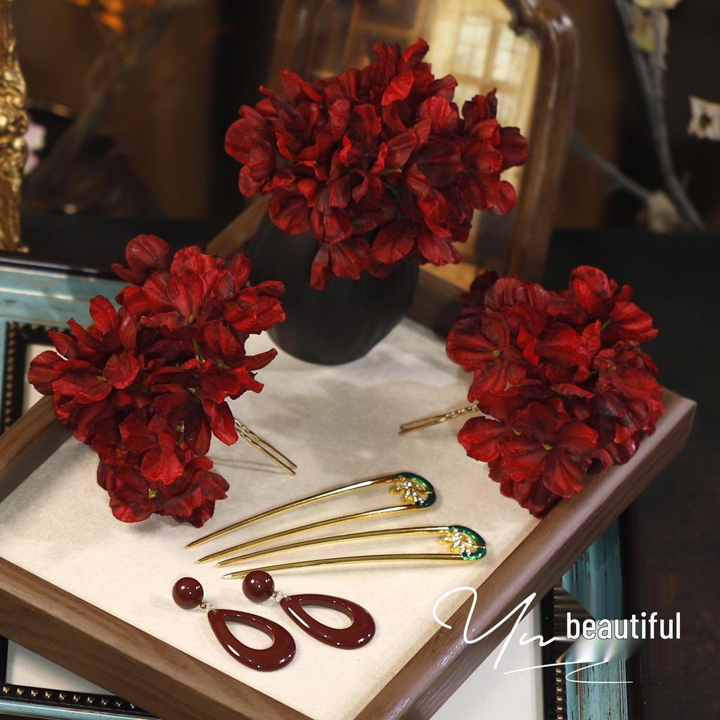 Retro Wine Red Fabric Flower Bridal Hairpin - Classical Chinese Style Headpiece