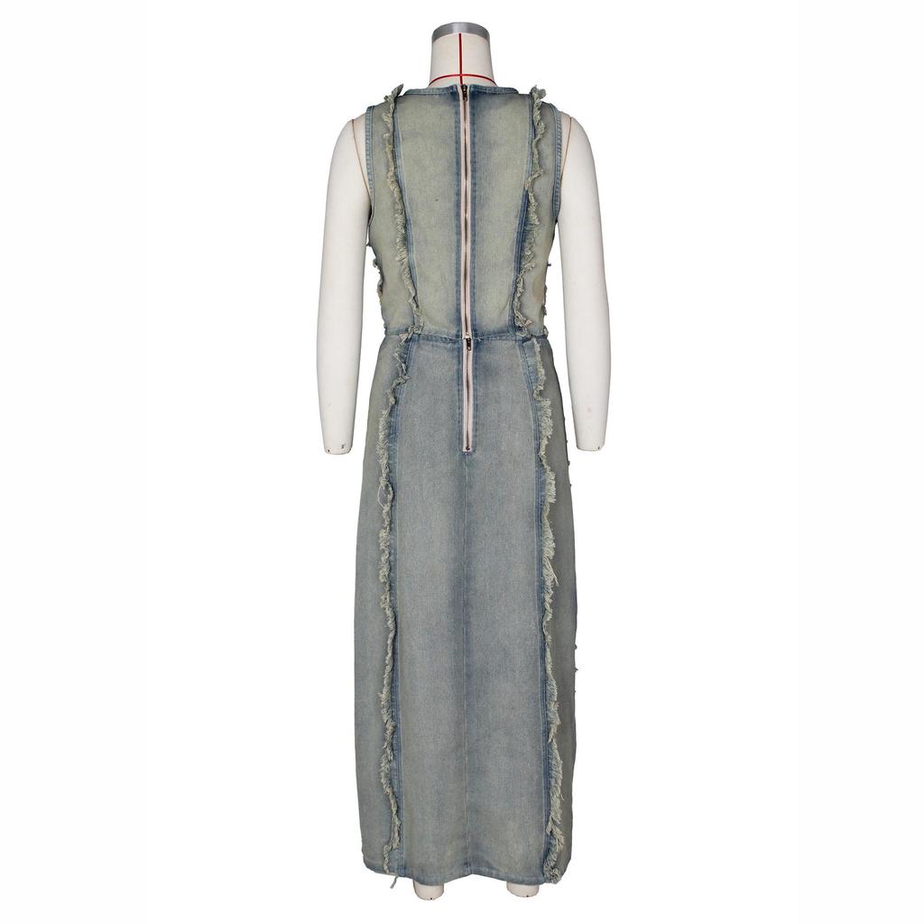Women's Denim Skirt and Vest Set – European & American Handmade Distressed Style with High Slit