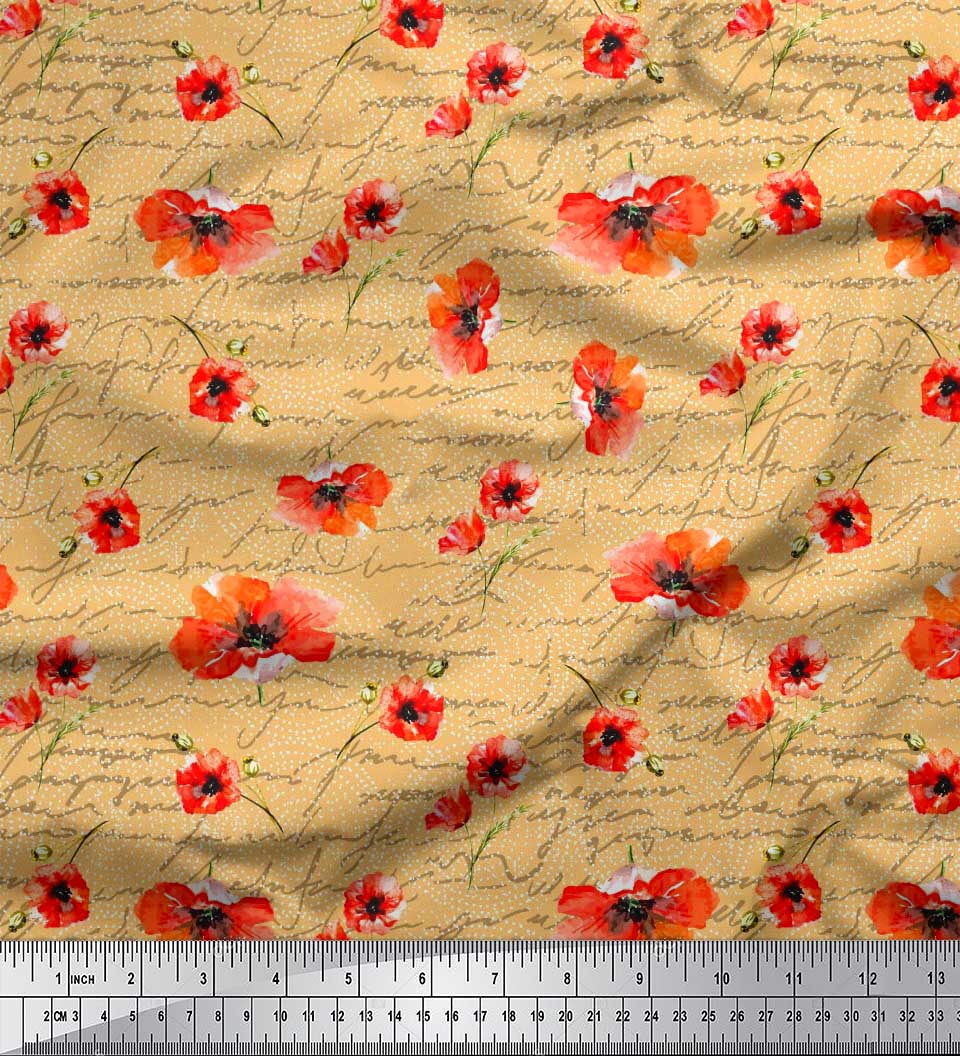 

Тканина Soimoi Beige Japan Crepe Satin Text & Poppy Floral Print Тканина на метр 42 дюйма 42 Inch Wide - Poly Crepe помаранчевий