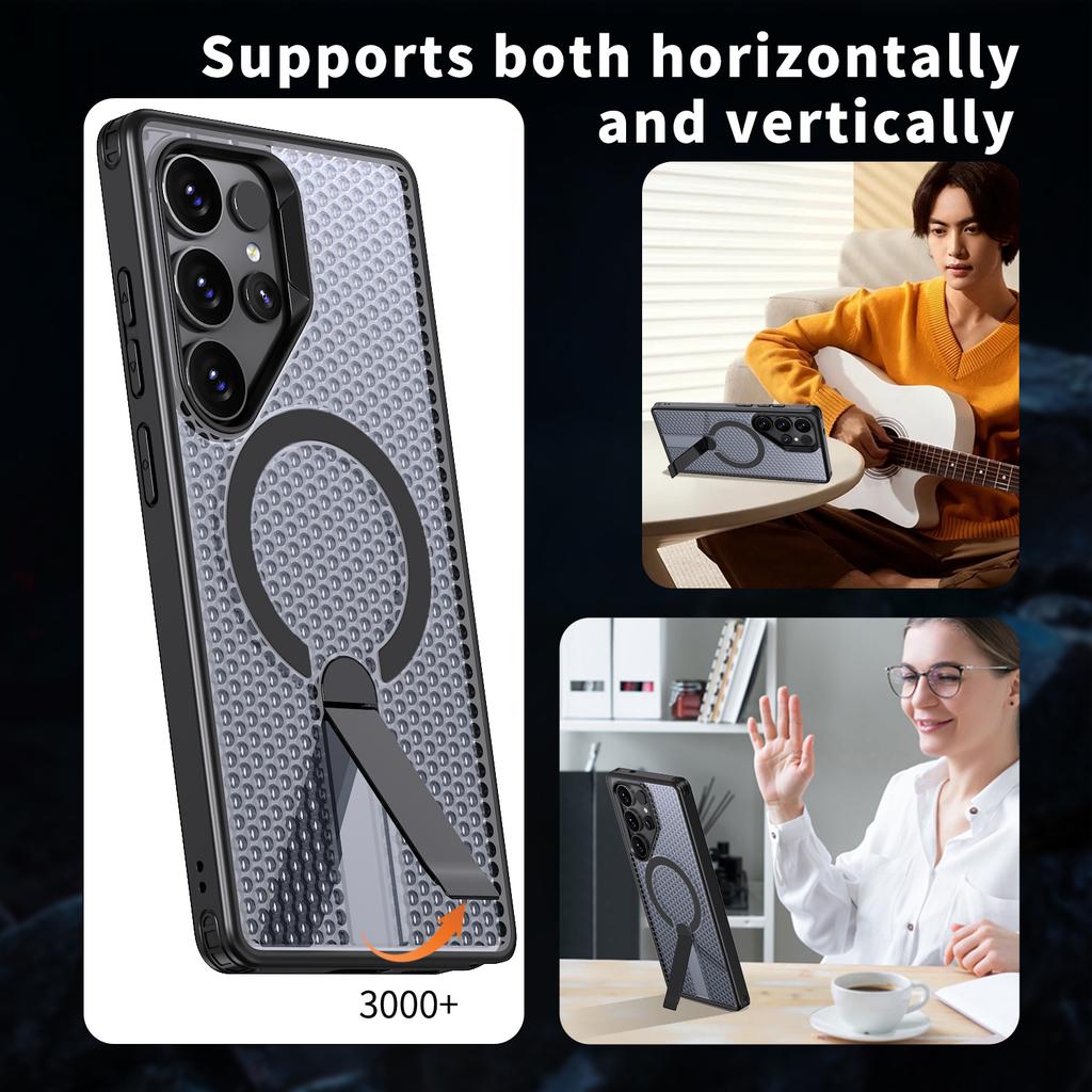 Luxury Breathable Mesh Holder Case For Samsung S25 S24 A14 A15 Ultra Plus Magnetic For Magsafe Stand Cooling Shockproof Cover