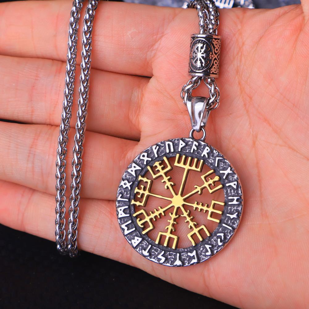 316L Stainless Steel Nordic Viking Vegvisir Necklace Pendant for Men Vintage Odin Compass Necklace Amulet Jewelry