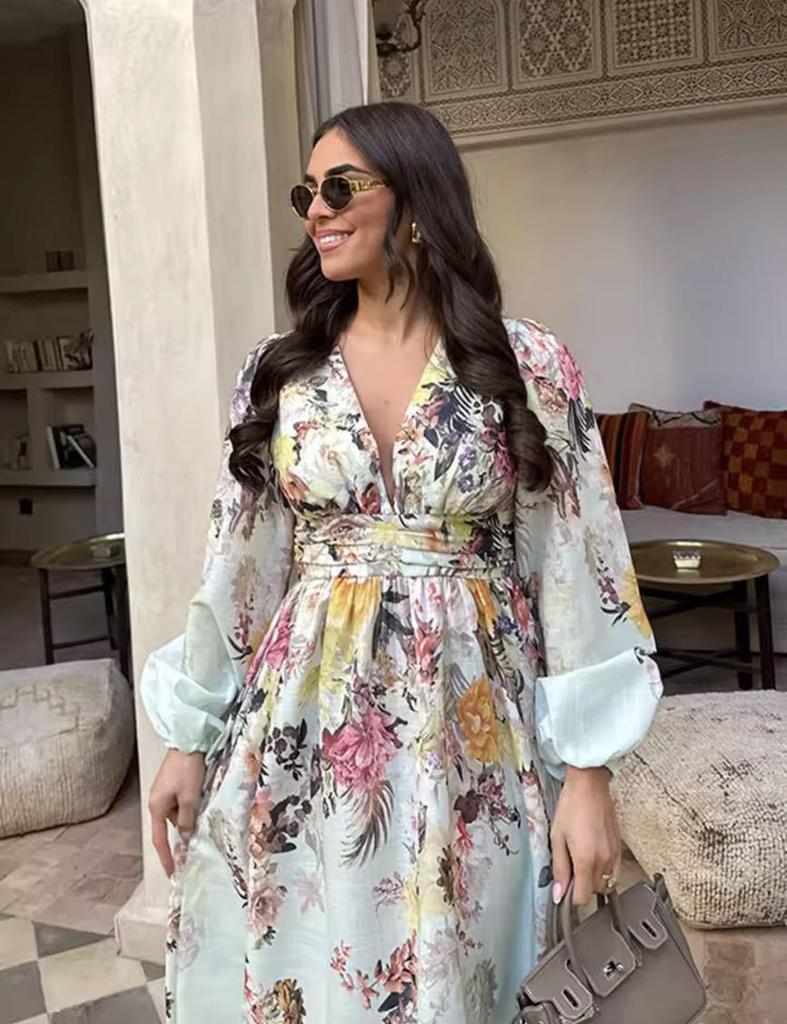 Cross-Border European & American Women's Fashion: Stand-Up Collar Print Dress with Ruffled Loose Fit & Drawstring