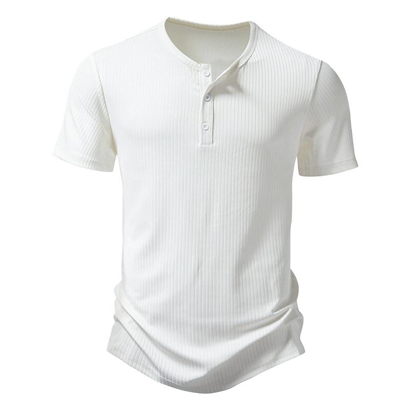 Summer European and American Casual Men's Short Sleeved T-shirt Button Henry Neck Pit Striped T Shirts Male Solid Color Top Tees