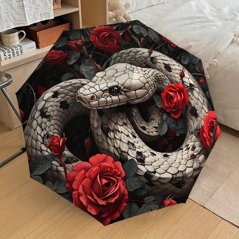 1pc Snake and Roses Circular Artwork Umbrella with Plastic Handle,Suitable for All Seasons Home Travel Outdoor UmbrellaDD1636