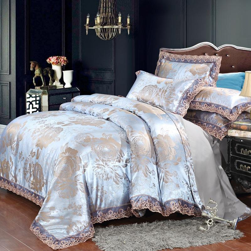 European Satin Jacquard Bedding Set - Lace-Trimmed, 4-Piece Set