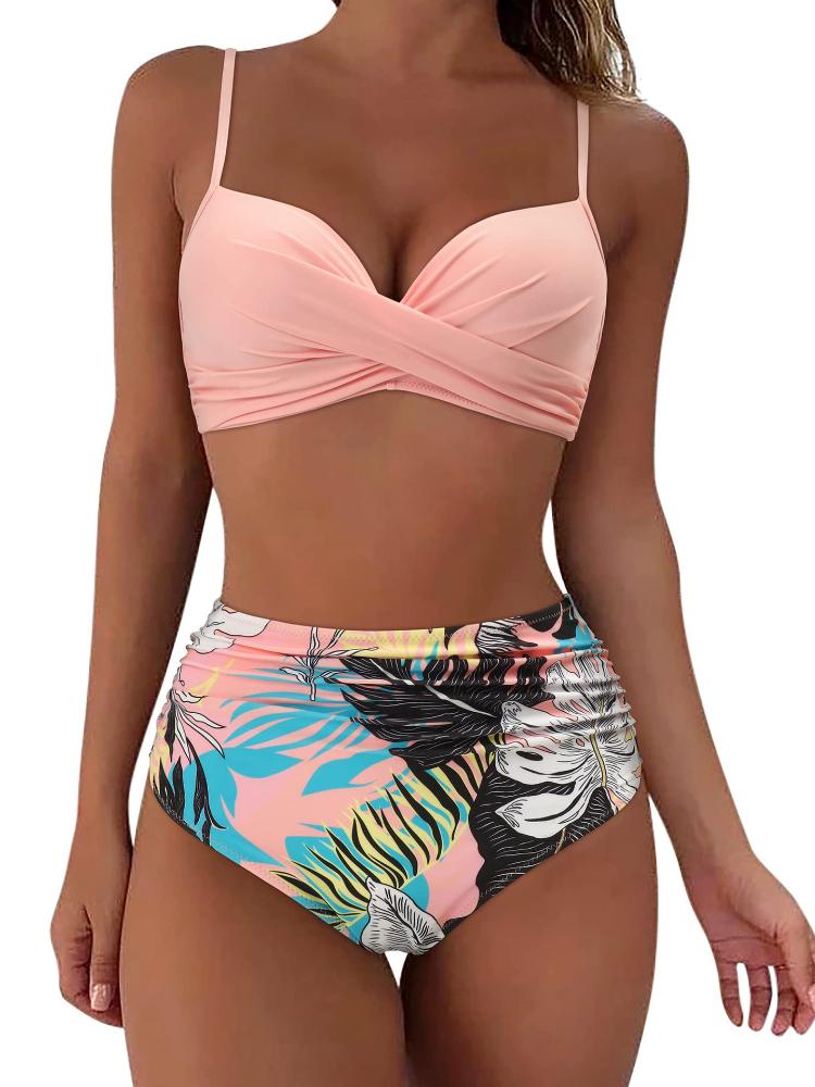 Costume da bagno bikini push up da donna costumi da bagno solidi sexy costume da bagno floreale femminile costumi da bagno increspati XL bikini a vita alta donna