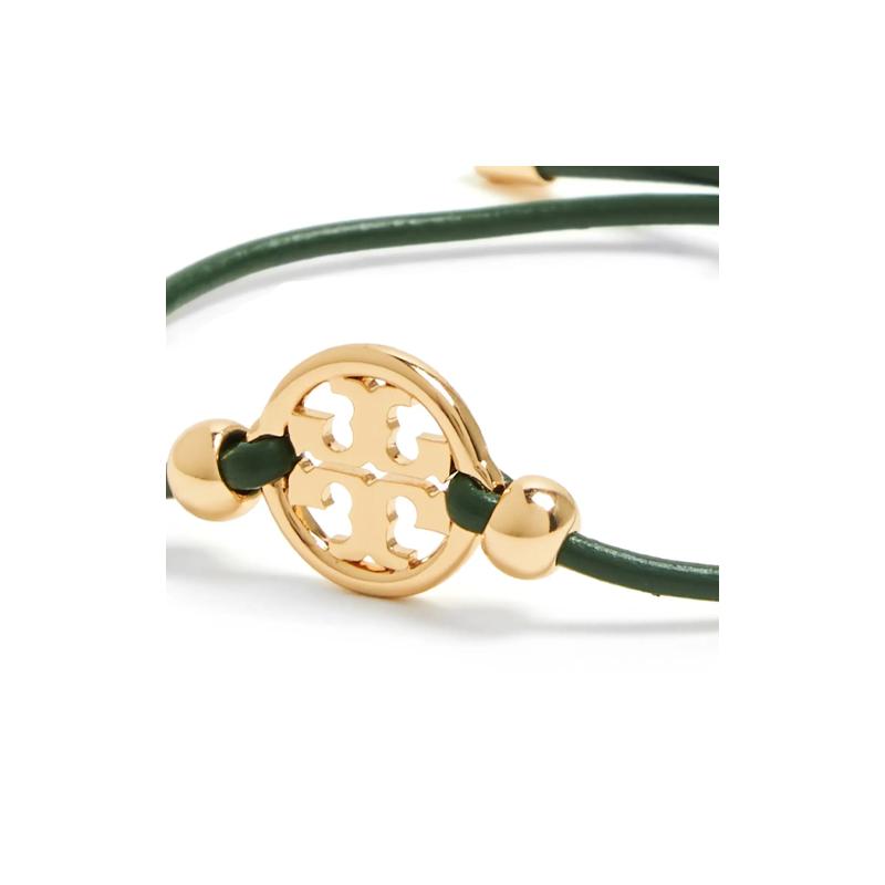Tory Burch Logo Design 18K Gold Plated Brass Leather Bracelet Women's Green 14470-Green F