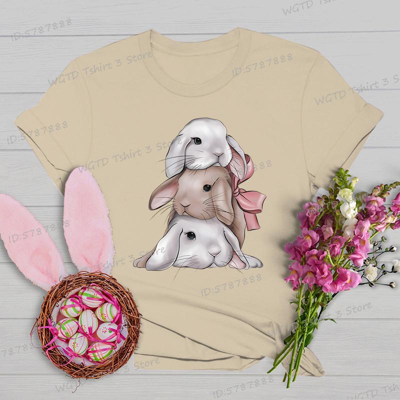 Easter Rabbit Shirts and Blouses Women Gift for Christian Crew Neck Short Sleeve Tshirt Cute Animal Bunny Easter Cartoon Tshirt