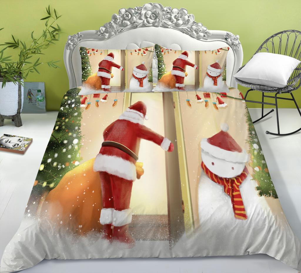 Christmas Quilt Cover Pillowcase Three-Piece Children'S Holiday Gift Cartoon Digital Printing Polyester