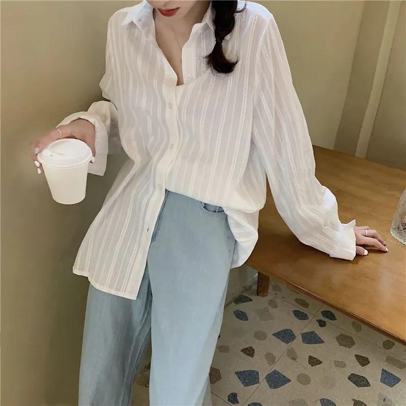 Women s Summer French-Style Soft Striped Shirt Loose-Fit Casual Simple Long-Sleeve Top XXS