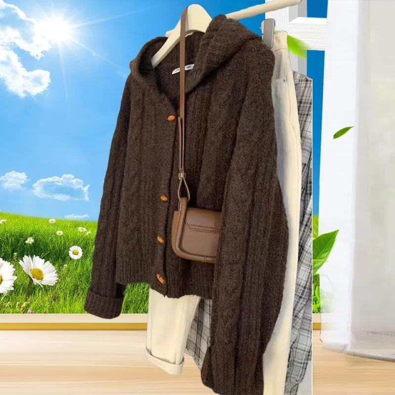 Maillard Heavy Industries horn buckle hooded twist cardigan sweater women's autumn and winter new soft waxy knitted jacket top