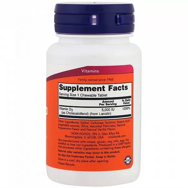 Now Foods - Vitamin D-3 5000 IU,  CHEWABLE MINT, 120 LOZ