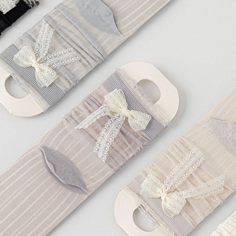 3Pairs Breathable Mid Tube Socks Ruffle Sweet Socks Women Fashion Mesh Bowknot Socks  Lady