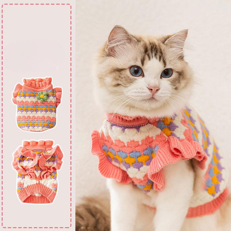 

Autumn and Winter Cat Lady Three-dimensional Small Flower Colorful Sweater Dog Princess Two legged Sweater Pet Warm Clothes S (