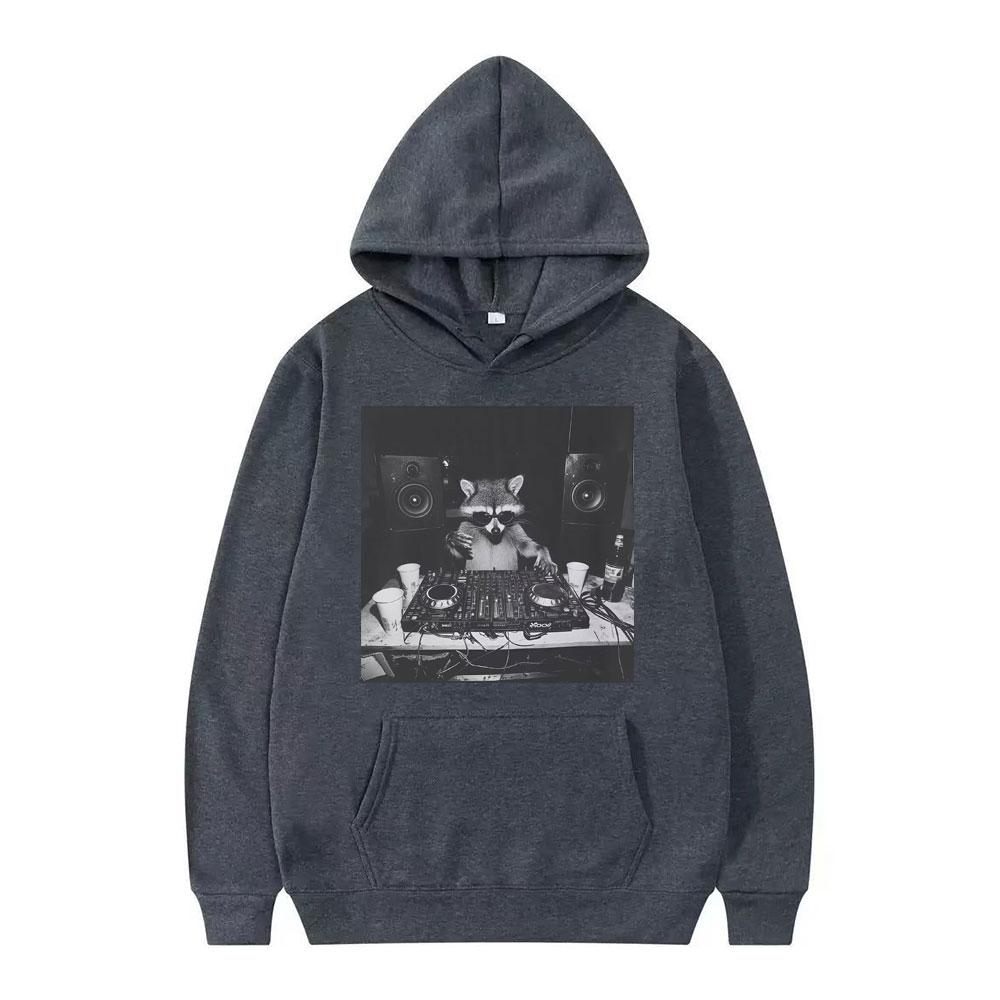 Funny Raccoon DJ Animals Meme Graphic Vintage Hoodie Men Women Pullover Long-sleeved Fashion Harajuku Sweatshirt Streetwear Top