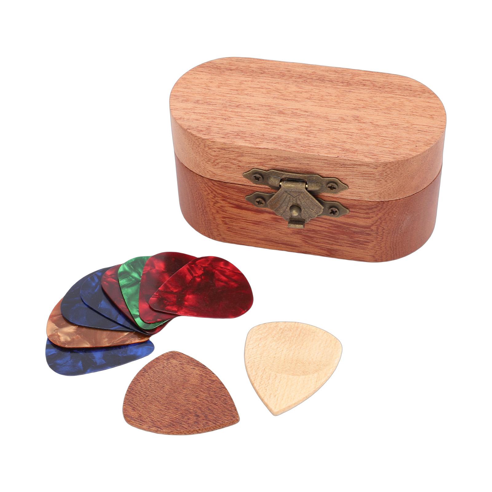 

Guitar Pick Holder with 10 Picks - Wooden Pick Box with 2 Wood + 8 Celluloid Picks, Music Accessory Storage for Guitar Players
