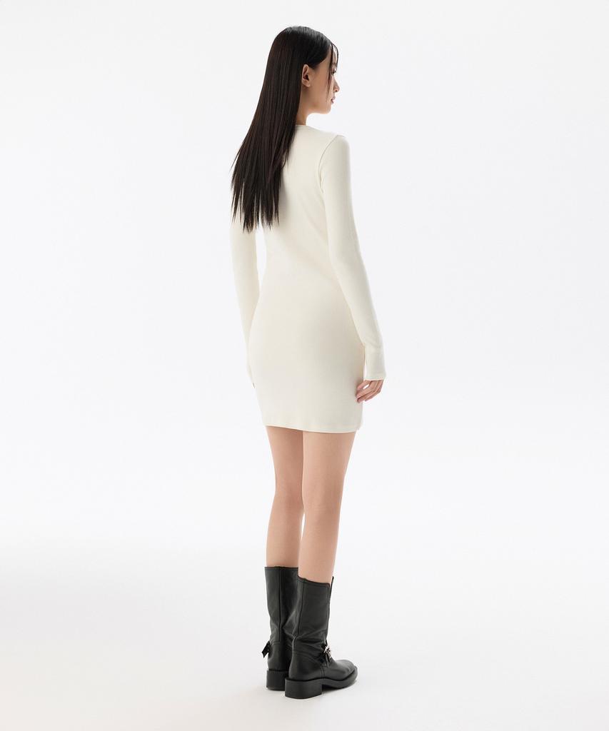 Musinsa Standard Woman Women'S Ribbed Y-Neck Long Sleeve Mini Dress [Cream]