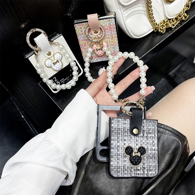 Woven Pattern Flip Phone Case for Samsung Zflip5 Folding Screen Pearl Hand Chain Xflip Rhinestone 4 Ring