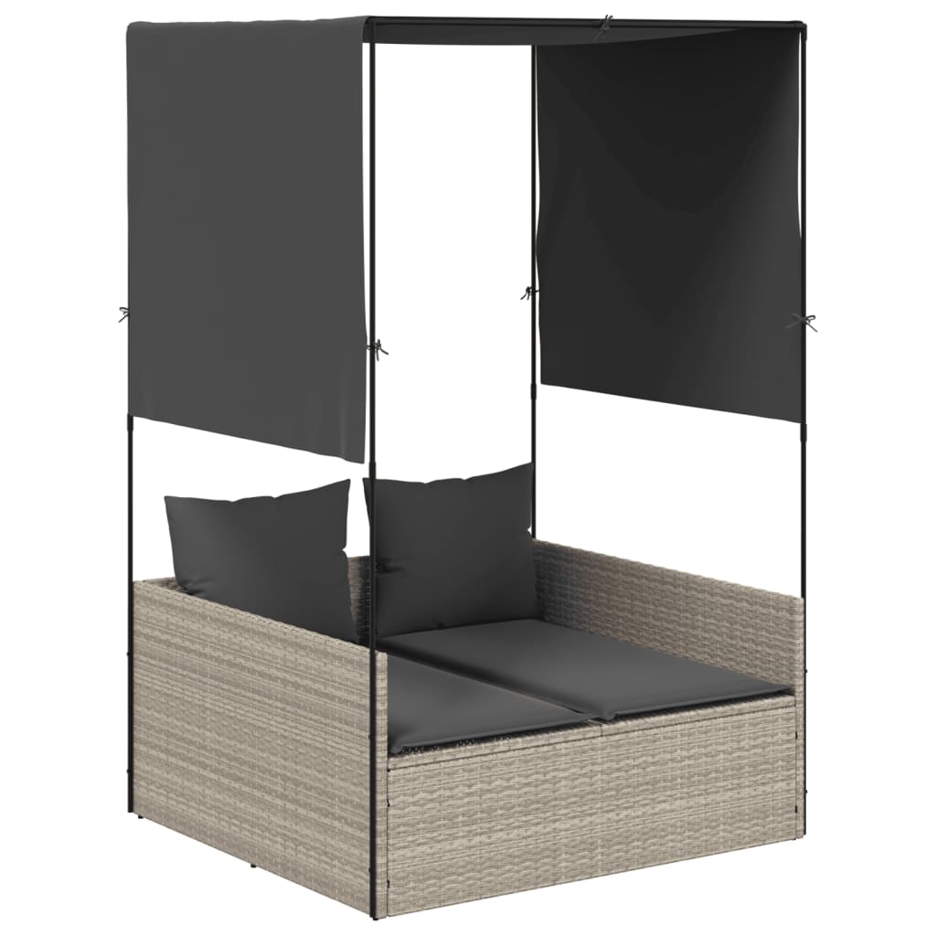 Double Sun Lounger with Canopy and Curtains Light Grey Poly Rattan