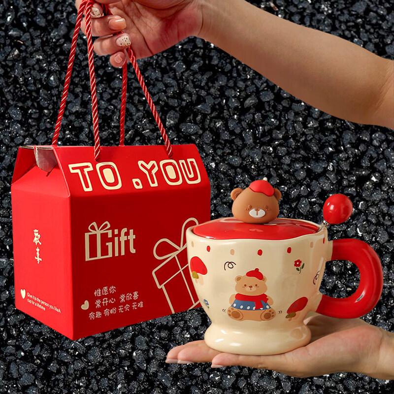 Starry Cute Bear Ceramic Mug with Lid  Spoon