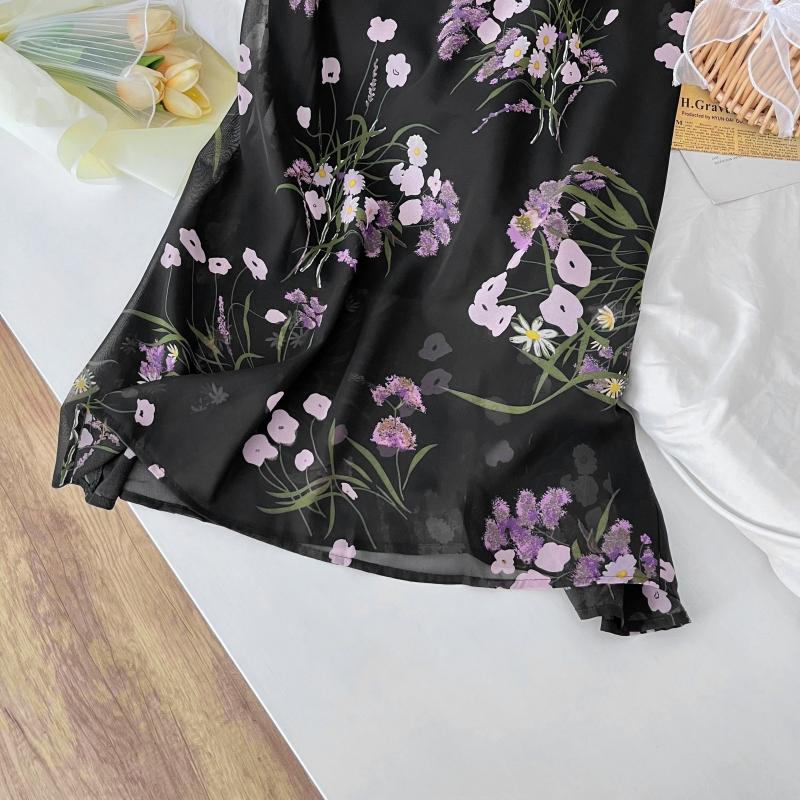 Francouzské Sexy Květinové Šaty na Ramínka Bez Rukávů Elegantní Stahující Pas Léto 2025 Přiléhavé Šaty Vintage Móda Černé Šaty