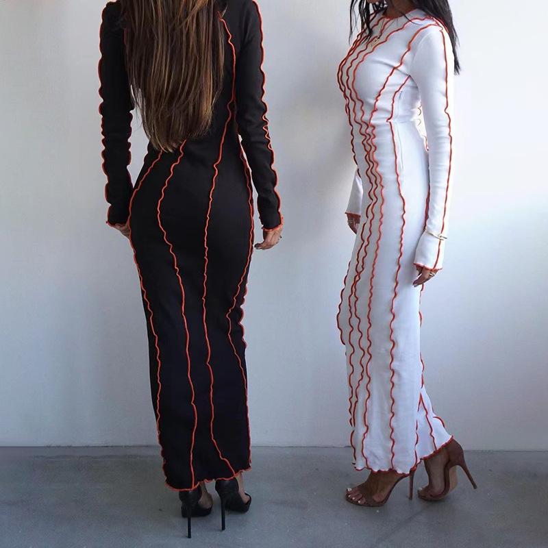 GMXIA Women's Fashion Spring Autumn Solid Color Print O-Neck Long Sleeve Casual Dresses