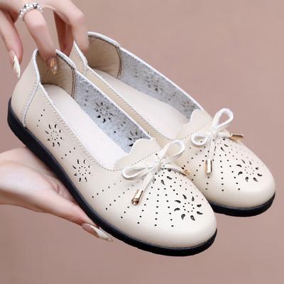 Sandalias de Madre Zapatos de Primavera y Verano para Mujer Zapatos de Cuero de Fondo Plano para Mediana Edad y Ancianos Zapatos de Agujeros Antideslizantes de Suela Blanda para Mediana Edad