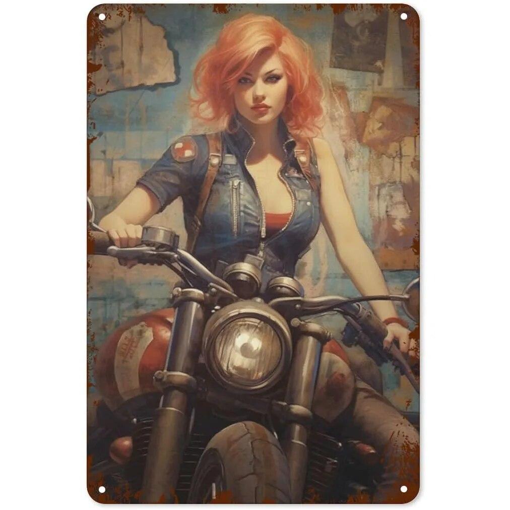 Metal Tin Signs Pin Up Girls Woman Motorcycle Vintage Funny Art Wall Decorations for Home Man Cave Garage Cafe Bars Clubs Pubs