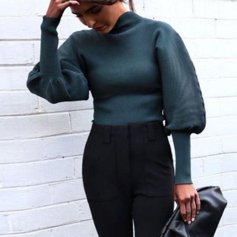 Autumn Winter Sweaters Women's Fashion Solid-color High Neck Knit Lantern Sleeve Long Sleeve Woolen Sweater