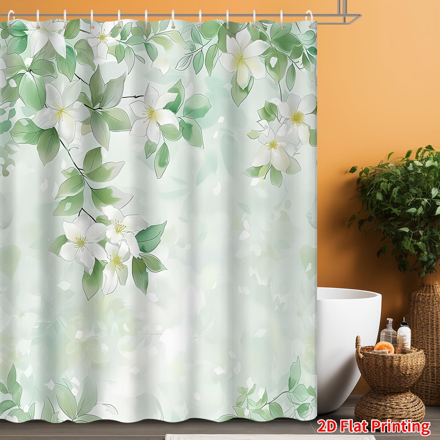 

White Flower Green Leaf Shower Curtain Spring Nature Art Bathroom Decor Elegant Garden Bath Curtains For Modern Home Interior W60H190(CM)-1 Pcs