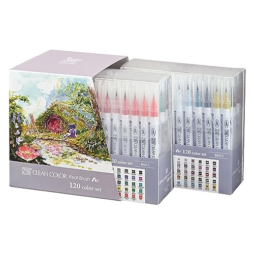 Kuretake Zig Clean Color Real Brush sada 120 barev, fixy se štětcovým hrotem, pro profesionály a umělce, pro vybarvování, kreslení, kaligrafii, písmo, Mad