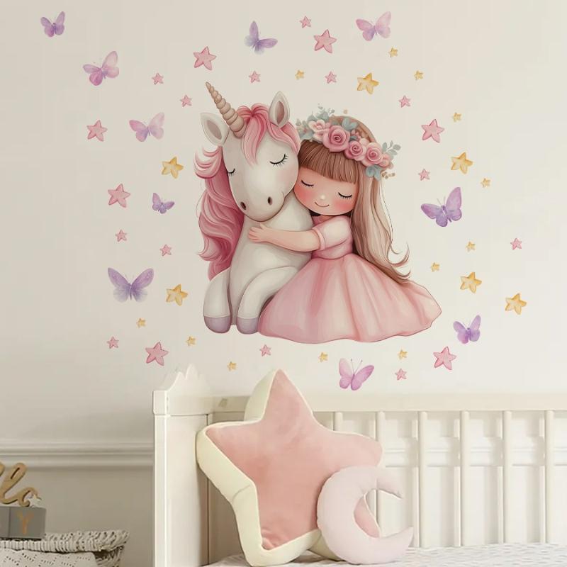 Adesivos de Parede de Vinil Infantil Menina Unicórnio Desenho Animado Para Decoração de Quarto de Bebê Acessórios de Quarto Decalques de Móveis Arte de Parede Decoração de Quarto