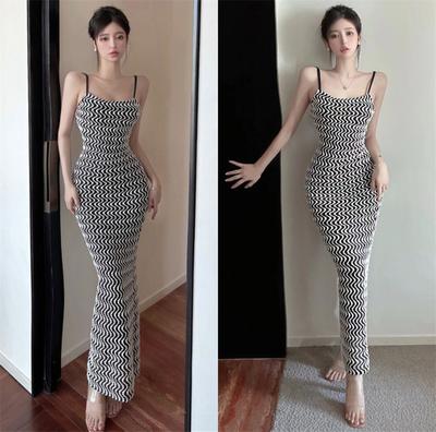 European and American Style Sexy Suspender Dress Women's Early Autumn New Corrugated Abstract Tight and Thin Backless Long Skirt