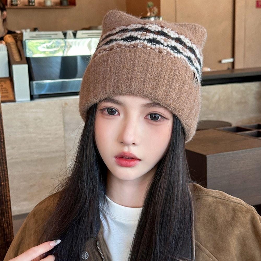 Printed Jacquard Knitted Hat Fleece-lined Printing Knit Cap Retro Cat Ears Beanies  Girls
