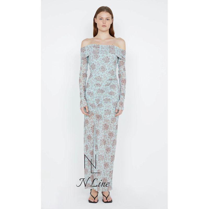 

Fashion Straight Bec + Bridge Fall Print off-the-Shoulder off-Neck Long Sleeves Silm Print Dress Blue XS/6