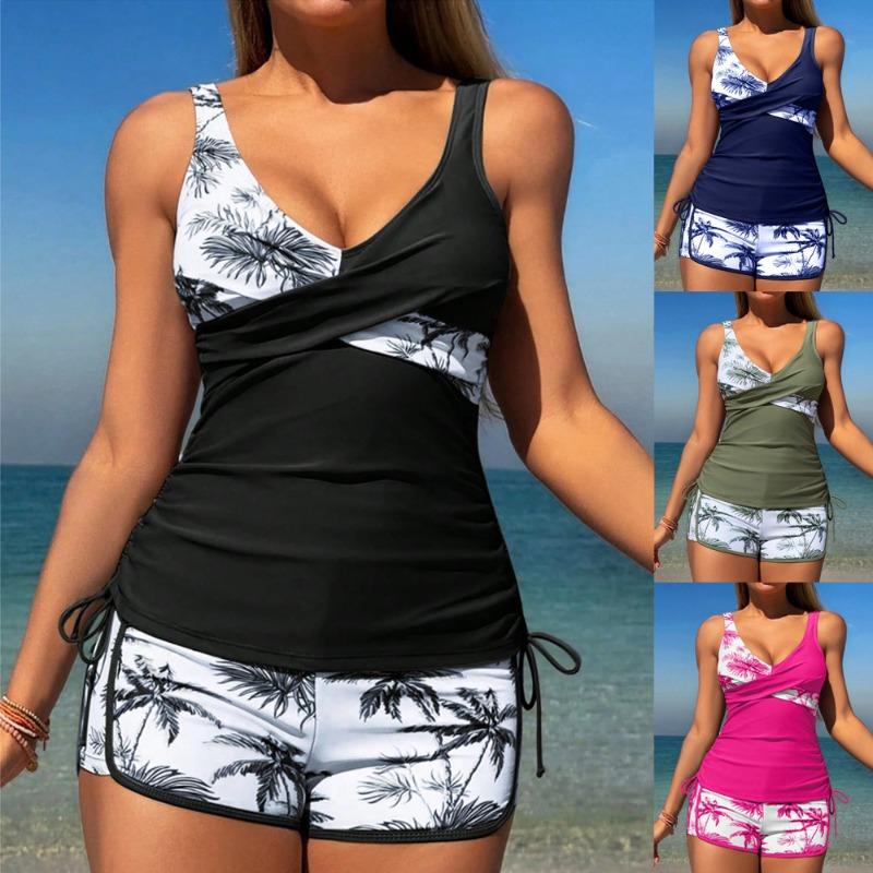 New swimsuit women's split high waist drawstring boxers conservative tankini swimsuit
