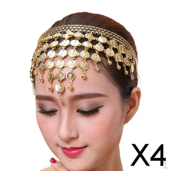 

4x Модная повязка на голову для танца живота, кисточки на лоб с колокольчиками и костюмное украшение на голову, резинка для волос