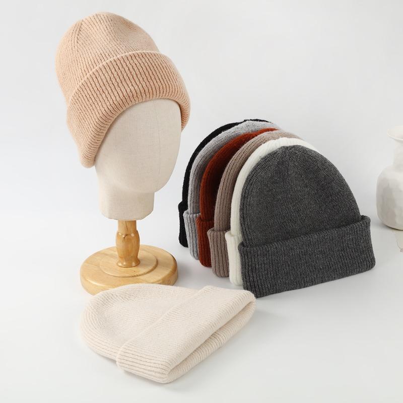 Winter Autumn Thick Knit Hat Solid Color Folded Brim Warm Outdoor Ski Hat