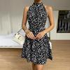 Damen Herbst Winter Ärmelloses Neckholder Mini Kleid Lässig Punktmuster Hohe Taille A-Linie Rüschenkanten