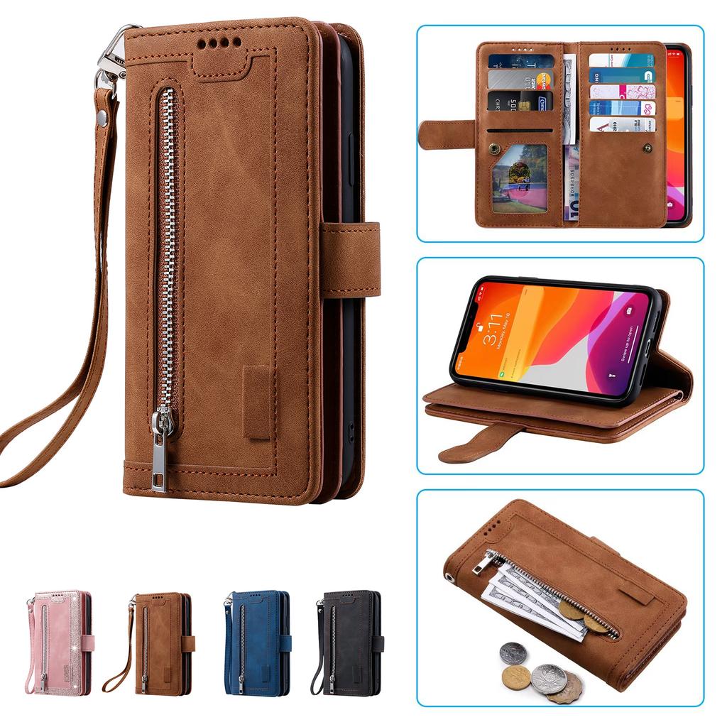 Multi 9-Card Zipper Wallet Case for Xiaomi Mi11T Mi11 Ultra Mi10T Mi10 Mi9T Mi9 Lite Retro Leather Lanyard Wrist Strap Cover