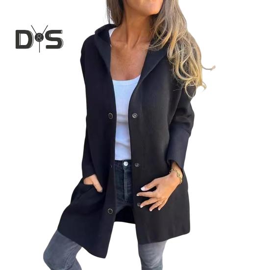 Fall Winter Women Coat Hooded Button-down Solid Color Thick Pockets Loose Cardigan Mid Length Outdoor Travel Shopping Dating Overcoat