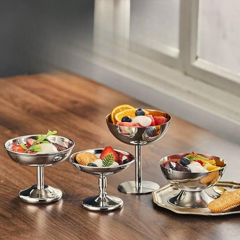 Hot 304 Stainless Steel Dessert Cup Ice Cream Cups Salad Goblet Retro High Base Bowl for Fruit Yogurt Snack Dish Bar Dinnerware