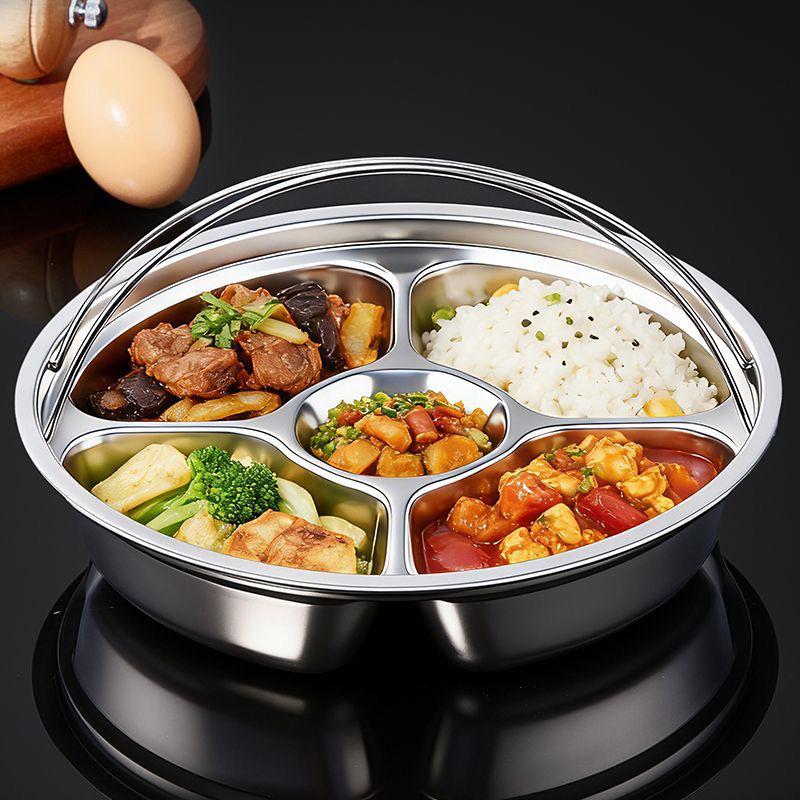 Five-Grid Thickened Stainless Steel Divided Round Plate for Side Dishes, Ideal for Household and Commercial Use