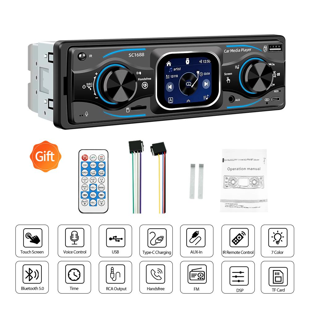 2026 Portable 1 Din Car Radio MP3 Player Touch Screen Auto Radio in-dash Bluetooth USB/SD/AUX-IN Colorful Lights DSP with Voice Assistant Time Display