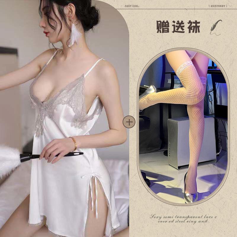 Fun underwear ice silk temptation sexy split-ended nightdress water-soluble flower hollow suspender pajama set