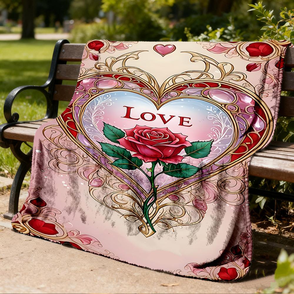 1pc Heart Love Rose Outdoor Flannel Blanket Soft All Season Polyester Throw , Perfect for Picnics & Travel , Picnic Accessory