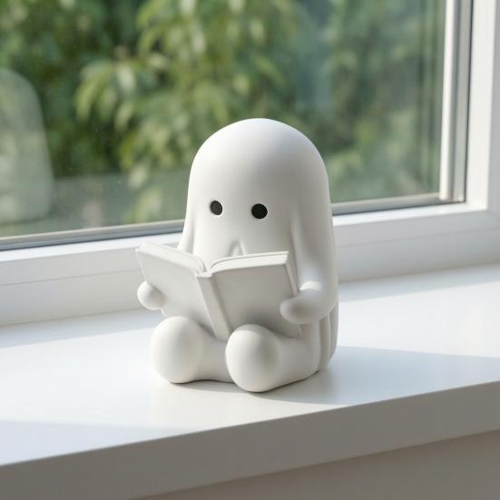 Ghost Reading Book Figurine, 3D Printed Cute Mini Sitting Ghost Statue for Halloween Bookshelf, Desk, Indoor Home Decor