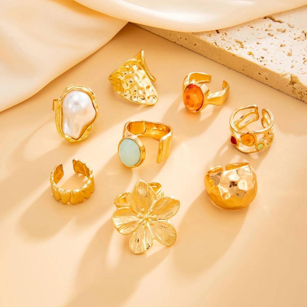 Ingemark 8Pcs/Set Elegant Imitation Pearl Flower Open Ring for Women Exquisite Geometric Wide Knuckle Ring Wedding New Jewelry