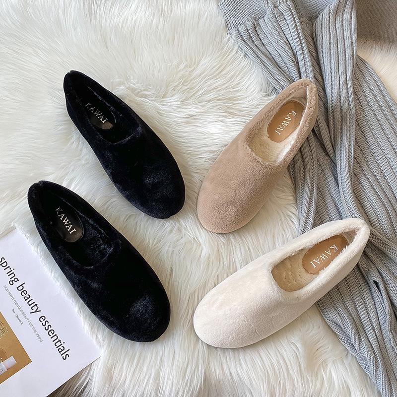 Winter Fur Shoes Women Cotton Sneakers Woman Furry Flats Warm Plush Loafers Lambswool Moccasins Femme Large Size